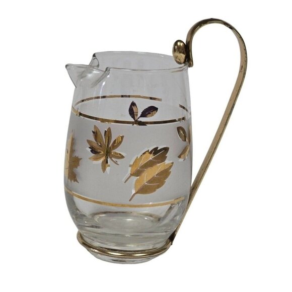 Vintage Libbey 22K Gold Foliage 6" Glass Pitcher Metal Handle MCM Home Décor - Picture 1 of 10